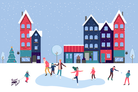 Winter, Christmas and New Year poster with people skating on the ice rink, spend Christmas holidays in city. Flat style design. Vector background.のイラスト素材