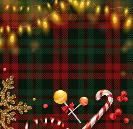Christmas and New Year template with checkered pattern, candy and decorative lanterns. Vector background.のイラスト素材