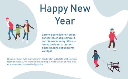 Happy New Year poster with people doing winter amusements, spend Christmas holidays. Landing page template with place for text. Flat style design. Vector background.のイラスト素材