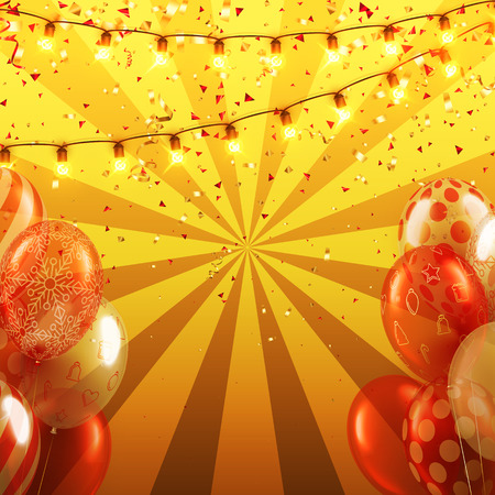 Yellow festive Christmas, New Year of Birthday shiny backdrop with balloons, garland of decorative lanterns and confetti. Vector background.のイラスト素材