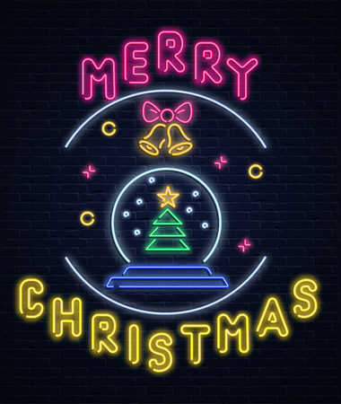 Merry Christmas neon luminous greeting card with Christmas tree and bells on brick textured background. Vector background.のイラスト素材