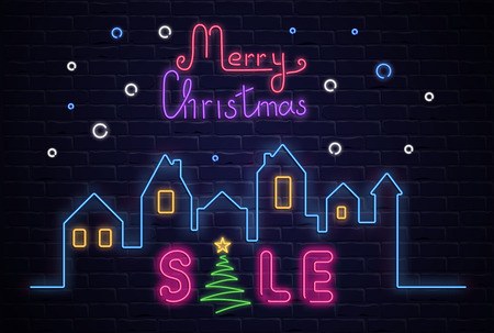 Merry Christmas sale promo poster with neon luminous city silhouette on brick textured background. Vector background.のイラスト素材