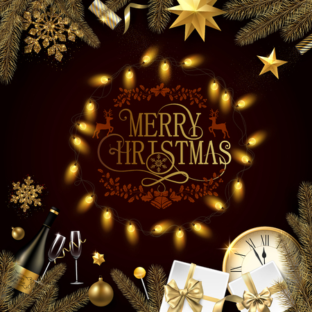 Merry Christmas greeting card with golden Christmas decorations, gifts, Champagne and clock. Vector background.のイラスト素材