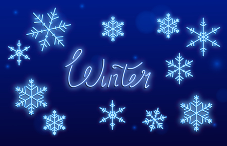 Blue winter seasonal poster with beautiful shiny neon snowflakes. Vector background.のイラスト素材