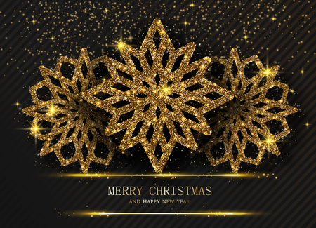Black Merry Christmas and Happy New Year card with beautiful golden shiny snowflakes. Vector background.のイラスト素材