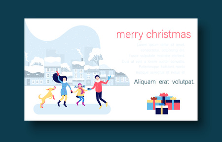 Merry Christmas greeting card or invitation template with happy family, cityscape, gifts and space for text. Vector paper background.のイラスト素材