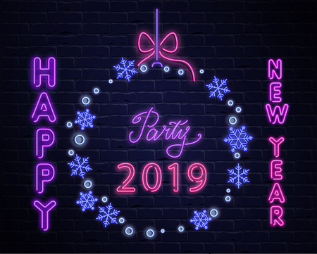 Happy New Year party 2019 neon luminous poster with Christmas ball from snowflakes on brick textured backdrop. Vector background.のイラスト素材