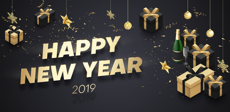 Happy New Year 2019 banner with golden 3d gifts, Champagne and Christmas decorations. Vector background.のイラスト素材