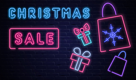 Christmas sale colorful neon promo poster with gifts and shopping bags on brick textured backdrop. Vector background.のイラスト素材