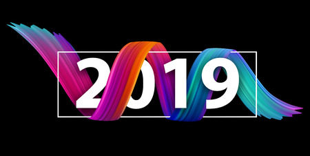 New Year 2019 creative festive banner with colorful gradient brush stroke design on black. Vector background.のイラスト素材