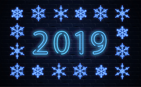 Happy New Year 2019 neon luminous poster with blue snowflakes on brick textured backdrop. Vector background.のイラスト素材