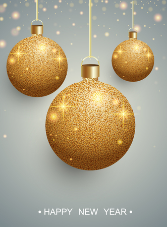Happy New Year greeting card with gold shiny Christmas balls. Vector background.のイラスト素材