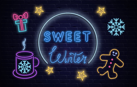 Sweet winter neon luminous poster with snowflake, gift, cup of hot drink and ginger cookie on brick textured backdrop. Vector background.
のイラスト素材