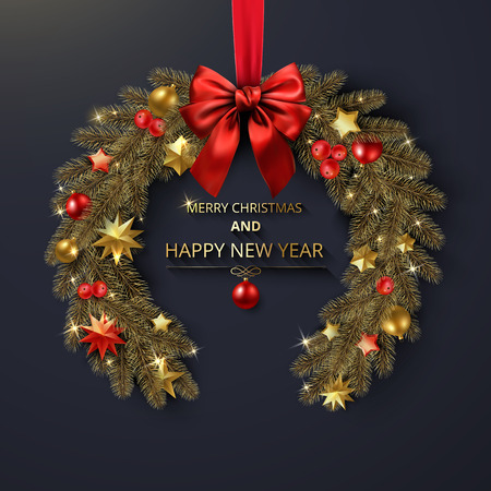 Merry Christmas and Happy New Year greeting card with shiny Christmas wreath and red satin bow. Vector background.のイラスト素材