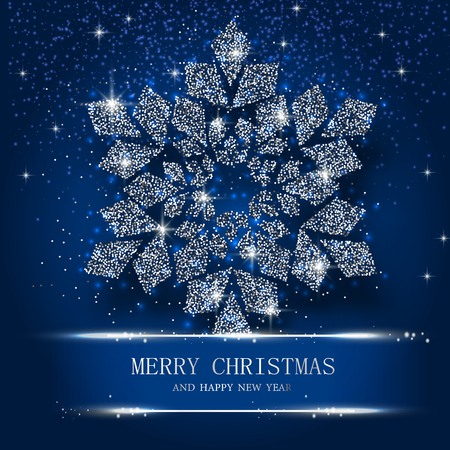 Blue Merry Christmas and Happy New Year greeting card with beautiful silver luminous snowflake. Vector background.
のイラスト素材