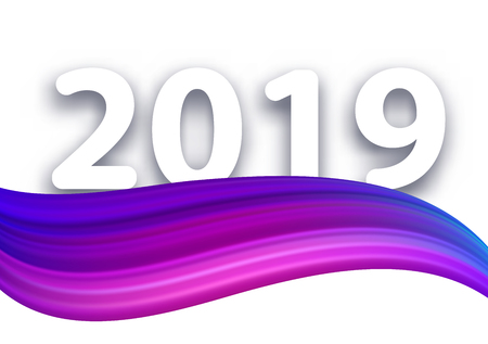 New Year 2019 creative sign with purple gradient brush stroke on white backdrop. Festive decoration. Vector background.のイラスト素材