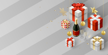 Christmas and New Year festive poster with color 3d gifts, Champagne and festive decorations. Vector background.のイラスト素材