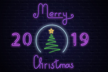 Merry Christmas 2019 neon luminous card with Christmas tree on brick textured background. Vector background.

のイラスト素材