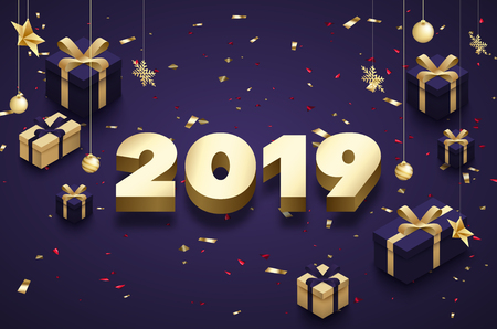 Purple Happy New Year 2019 poster with golden 3d gifts, Christmas decorations and confetti. Vector background.のイラスト素材