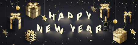 Happy New Year banner with golden 3d gifts, Champagne and confetti. Vector background.のイラスト素材