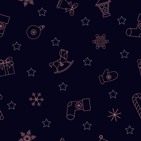 Black abstract seamless pattern with pink Christmas bell, gift, candy and stars for Christmas and New Year festive decoration. Vector paper background.
のイラスト素材