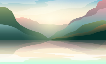 Low poly beautiful landscape with sunrise and water. Abstract vector illustration.のイラスト素材
