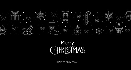 Black Merry Christmas and Happy New Year card with white holiday pattern. Vector background.のイラスト素材