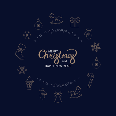 Blue Merry Christmas and Happy New Year card with holiday decoration. Vector background.のイラスト素材