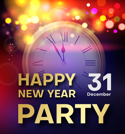 Happy New Year party shiny poster or invitation with clock. Vector background.のイラスト素材