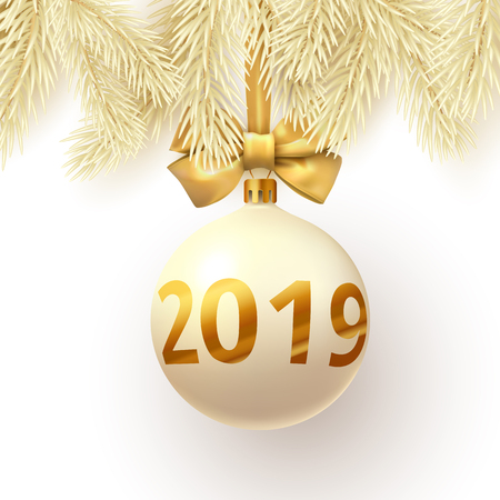 Christmas and New Year 2019 card with fir branches and yellow 3d Christmas ball with gold satin bow. Vector background.のイラスト素材