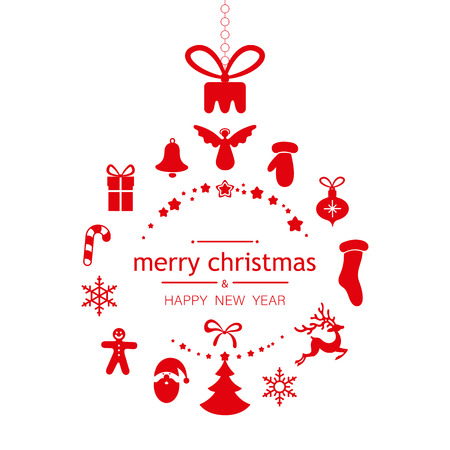 Merry Christmas and Happy New Year greeting card with abstract Christmas ball with red festive pattern. Vector background.のイラスト素材