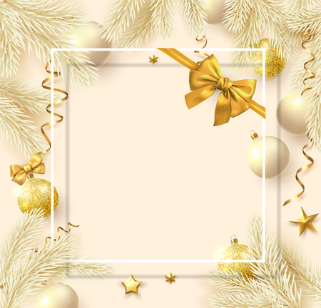 Yellow Christmas and New Year card template with square frame, fir branches, Christmas balls and satin ribbon with bow. Vector background.のイラスト素材