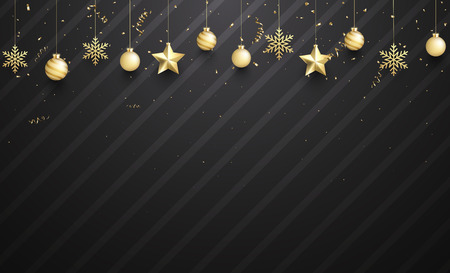 Christmas and New Year poster with golden 3d Christmas balls and confetti. Vector background.のイラスト素材
