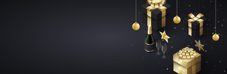 Christmas and New Year festive banner with gold 3d gifts, Champagne and confetti. Vector background.のイラスト素材