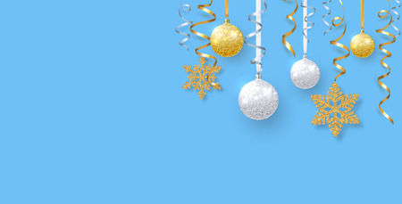 Blue Christmas and New Year poster with shiny Christmas balls, snowflakes and confetti. Vector background.
のイラスト素材