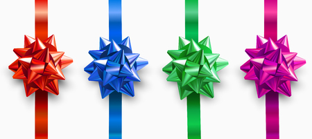 Set of bright colorful satin ribbons with 3d bow isolated on white background. Festive design and decoration for birthday, New Year, Christmas gifts. Vector illustration.のイラスト素材