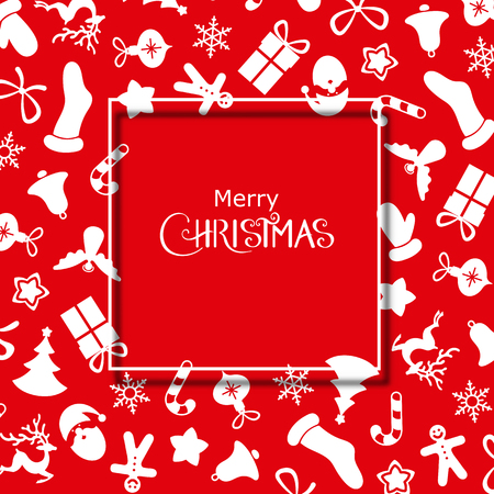 Red Merry Christmas greeting card with white holiday pattern. Vector background.のイラスト素材