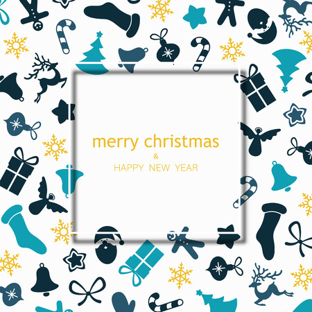 White Merry Christmas and Happy New Year greeting card with colorful holiday pattern. Vector background.のイラスト素材