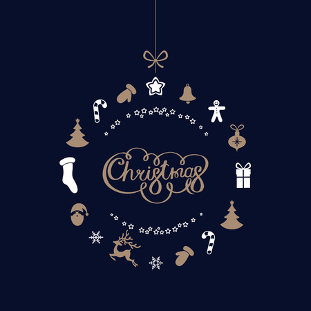 Blue Merry Christmas greeting card with abstract Christmas ball with festive pattern. Vector background.のイラスト素材