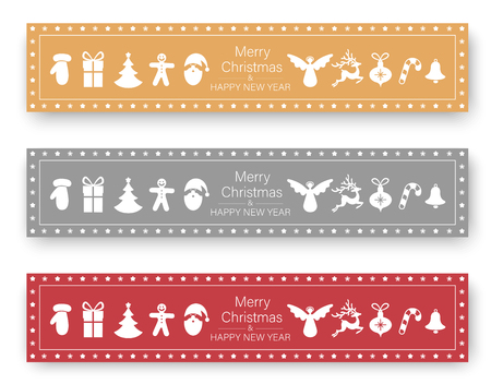 Set of Merry Christmas and Happy New Year banners with holiday decoration. Vector background.のイラスト素材