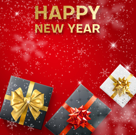 Red shiny Happy New Year greeting card with top view gifts and snow. Vector background.のイラスト素材