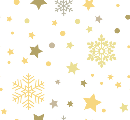 White abstract seamless pattern with yellow snowflakes and stars for winter, Christmas and New Year design. Vector paper background.のイラスト素材