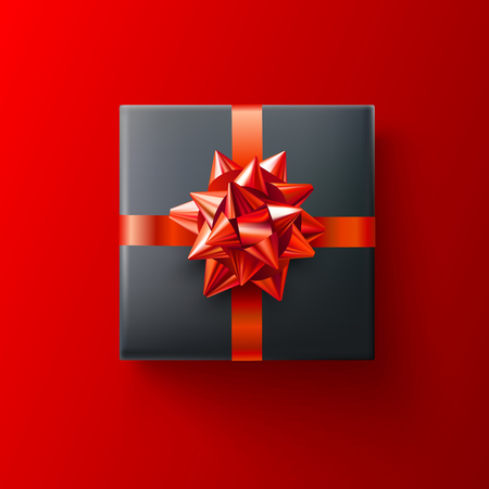 Red Christmas, New Year or birthday card with black top view gift box with satin bow. Vector background.のイラスト素材