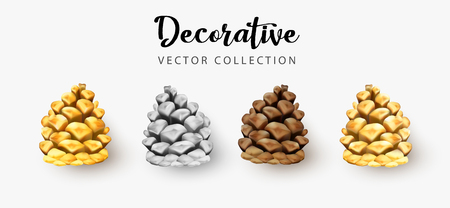 Set of beautiful decorative 3d cones isolated on white background for Christmas and New Year holiday design. Vector illustration.のイラスト素材