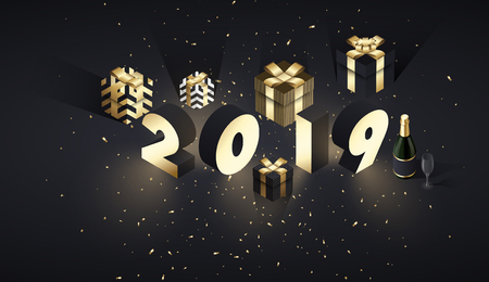 Happy New Year 2019 greeting card with golden 3d gifts, Champagne and confetti. Vector background.のイラスト素材