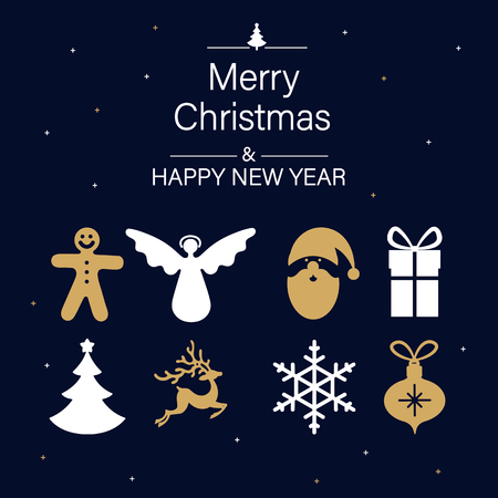 Blue Merry Christmas and Happy New Year greeting card with holiday symbols and snow. Vector background.のイラスト素材