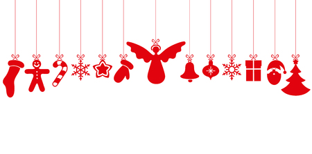 Christmas and New Year poster with red holiday decorations. Vector background.のイラスト素材