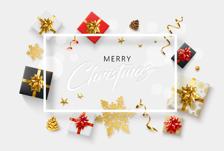 White Merry Christmas poster with colorful top view gifts and golden snowflakes. Vector background.のイラスト素材