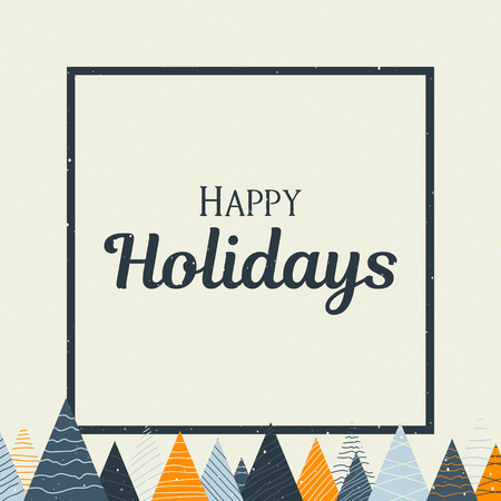 Yellow Happy Holidays card with creative colorful fir trees and snow. Vector background.のイラスト素材