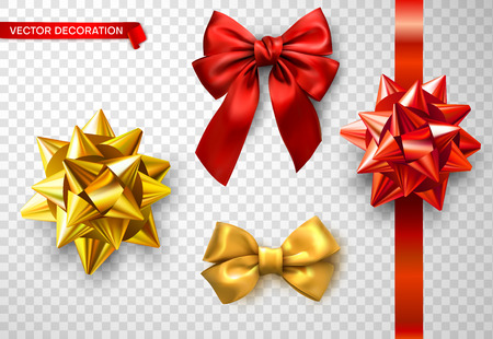 Set of red and golden bright satin 3d bows isolated on transparent background. Festive design and decoration for birthday, New Year, Christmas gifts. Vector illustration.のイラスト素材